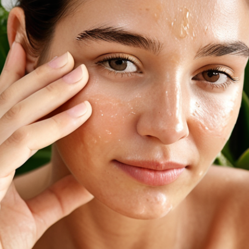 Home 11 **Close-up of a woman's glowing face, applying facial oil with gentle massage. Soft, natural light. Focus on the radiant and healthy skin. Background with natural elements like plants or flowers, implying organic skincare.**