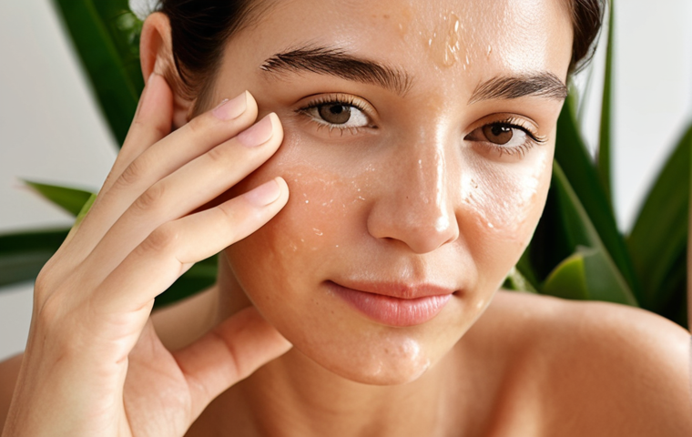 **Close-up of a woman's glowing face, applying facial oil with gentle massage. Soft, natural light. Focus on the radiant and healthy skin. Background with natural elements like plants or flowers, implying organic skincare.**