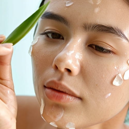 Home 6 **Image Prompt:** Close-up shot of a serene woman applying aloe vera gel to her face, soft natural lighting, focus on healthy, hydrated skin, minimalist skincare concept, backdrop of chamomile flowers, emphasizing natural skincare for sensitive skin in Malaysia.