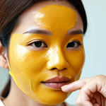 **Prompt:** A professional close-up image of an adult Malaysian woman, perfectly lit, gently applying a natural, golden-yellow organic face mask to her clean skin. Her expression is serene and focused, indicating self-care. She is wearing a modest, light-colored long-sleeved top, fully clothed, ensuring appropriate attire. The background is a softly blurred, minimalist bathroom environment with warm, inviting tones. The texture of the mask is smooth and natural, suggesting ingredients like honey and turmeric, enhancing her healthy skin.
    safe for work, appropriate content, fully clothed, professional, modest, family-friendly, perfect anatomy, correct proportions, natural pose, well-formed hands, proper finger count, natural body proportions.