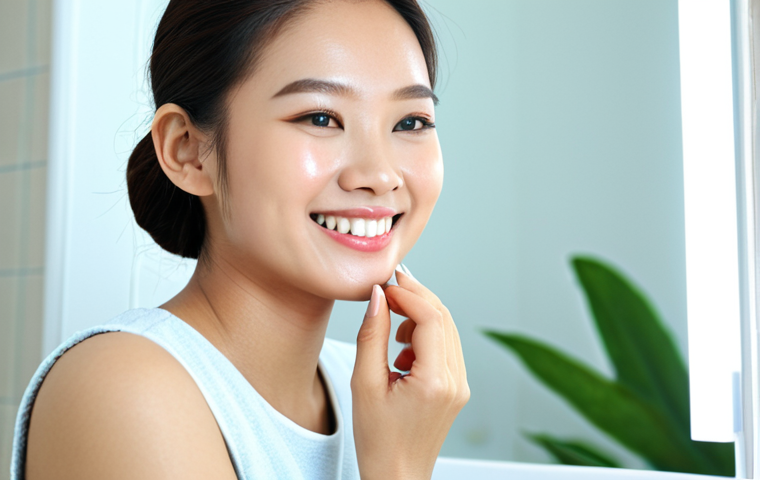 Radiant Skin with Natural Cosmetics**
A young Malaysian woman with radiant, healthy skin, smiling gently. She is applying a light layer of natural-looking makeup, highlighting her features. She is in a bright, airy bathroom with natural light. The scene should convey the benefits of natural cosmetics for achieving a healthy glow. Fully clothed, modest attire, appropriate content, safe for work, perfect anatomy, natural proportions, professional photography, high quality.
**