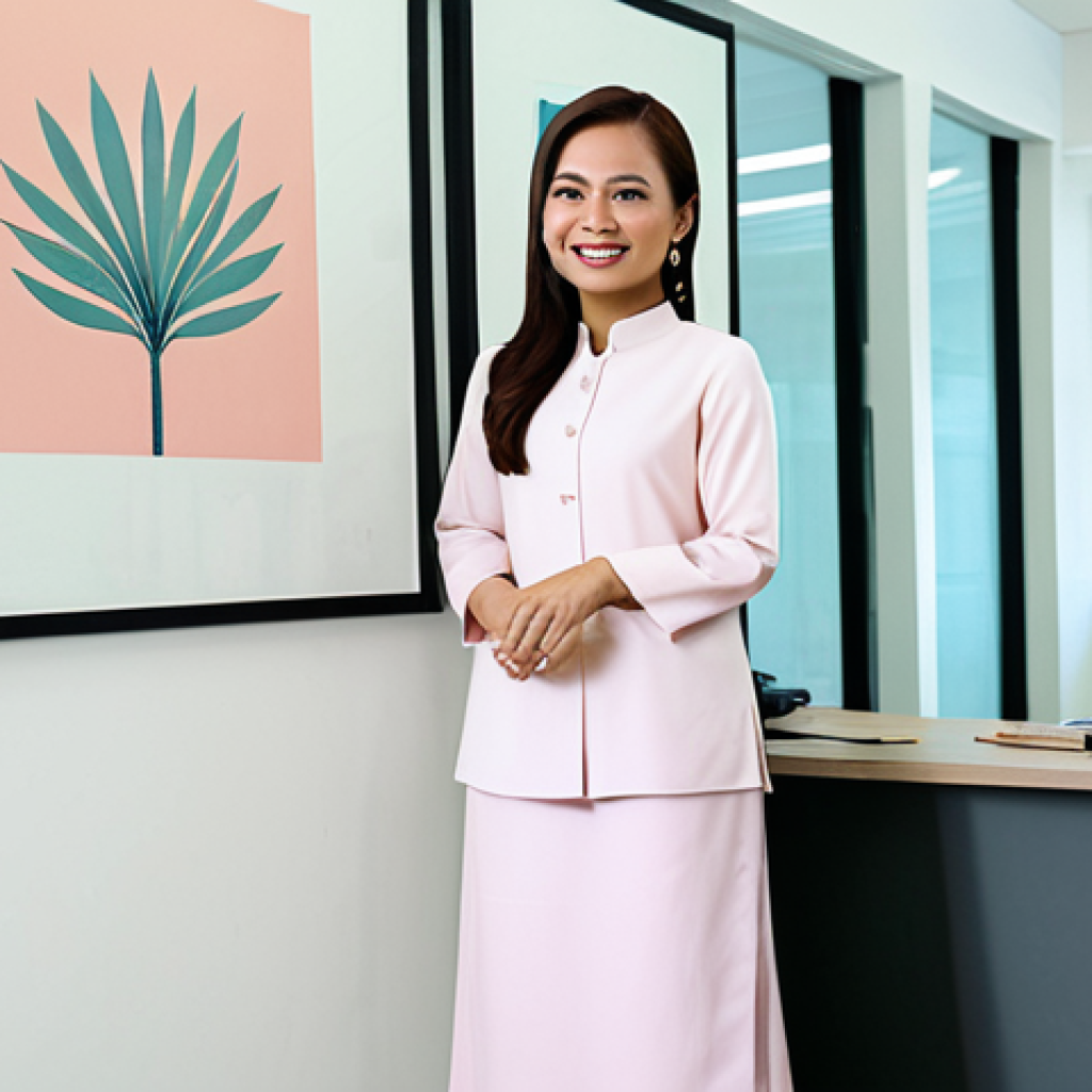 **

"A Malaysian woman in her 30s, a successful entrepreneur, smiling confidently in her modern office. She is wearing a modest, tailored baju kurung in a pastel color, fully clothed, appropriate attire, professional. Behind her is a clean, minimalist office space with Malaysian artwork on the walls. Safe for work, perfect anatomy, natural proportions, professional photography, high quality, family-friendly."

**