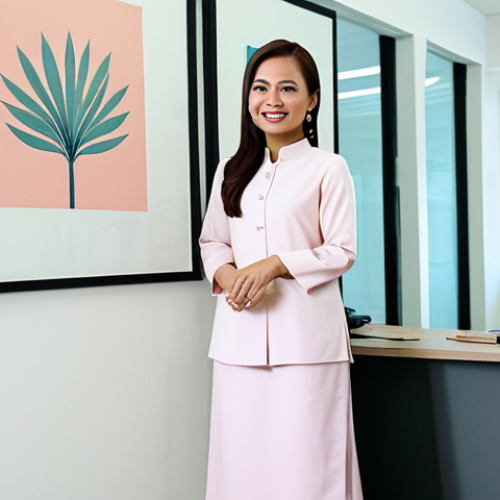 **

"A Malaysian woman in her 30s, a successful entrepreneur, smiling confidently in her modern office. She is wearing a modest, tailored baju kurung in a pastel color, fully clothed, appropriate attire, professional. Behind her is a clean, minimalist office space with Malaysian artwork on the walls. Safe for work, perfect anatomy, natural proportions, professional photography, high quality, family-friendly."

**