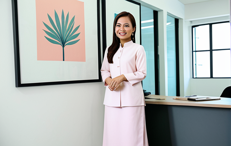 **
"A Malaysian woman in her 30s, a successful entrepreneur, smiling confidently in her modern office. She is wearing a modest, tailored baju kurung in a pastel color, fully clothed, appropriate attire, professional. Behind her is a clean, minimalist office space with Malaysian artwork on the walls. Safe for work, perfect anatomy, natural proportions, professional photography, high quality, family-friendly."
**